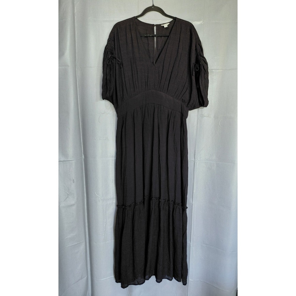 Cato V Neck Empire Waist Maxi Dress 18/20W Black Tiered Pockets Cinched Sleeves